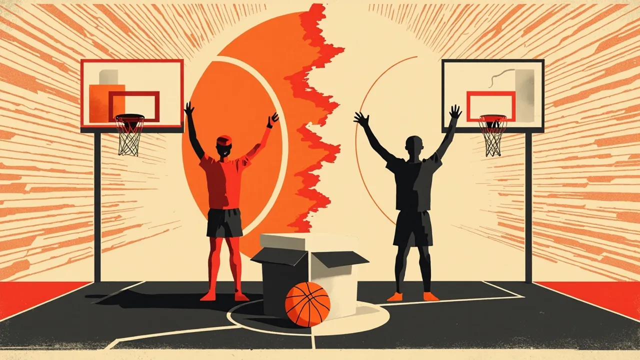 A split ballot box on a scorer's table beneath a hoop, two faceless silhouettes voting on either side of a jagged dividing crack, one basketball resting nearby.