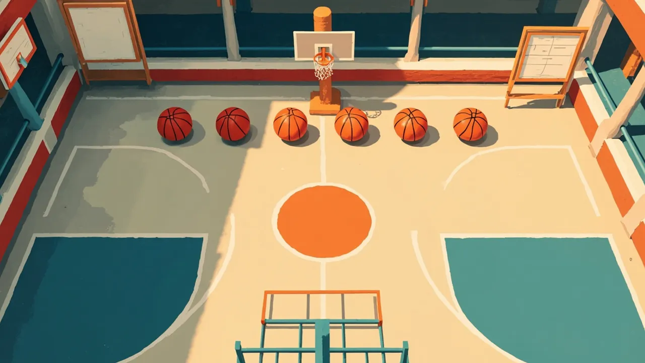 Vue aérienne d'un terrain de basketball communautaire vide aux couleurs vert et blanc, avec deux paniers et un ballon seul au cercle central, dans l'attente d'un développement à la base.