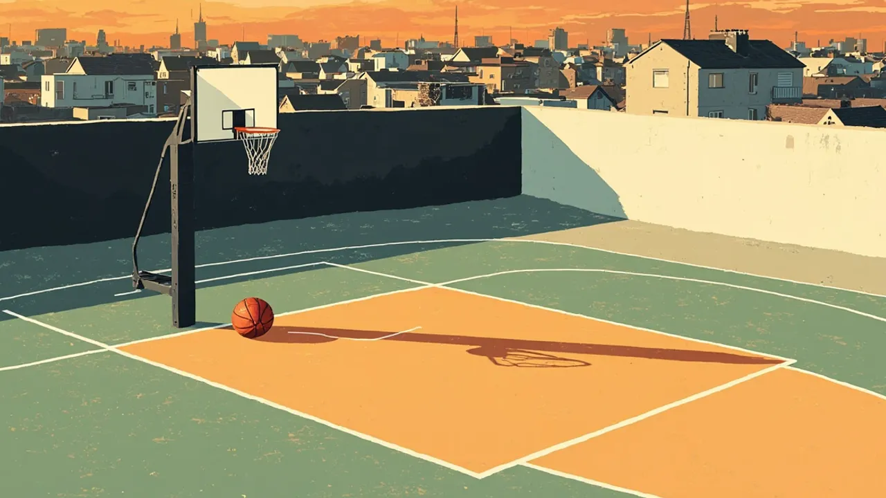 Un terrain de basketball communautaire fraîchement construit au coucher du soleil, avec un ballon orange près de la ligne de lancer franc, un nouveau panier avec son filet, et des outils de construction posés sur le bord du terrain.