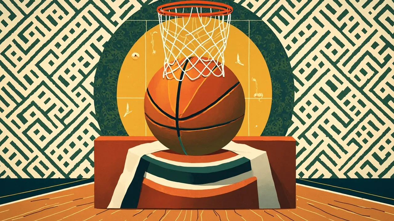 Une nature morte sur une table de marque : un ballon de basketball posé sur un vêtement plié à rayures, une médaille et un tableau tactique, devant un panier et un filet contre un mur à motifs.