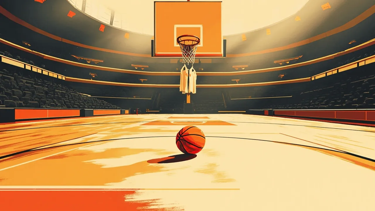 Vue en contre-plongée d'une salle où se dresse la silhouette imposante d'une joueuse près d'un panier dominant, avec un ballon en vol et une autre joueuse en attente à proximité.