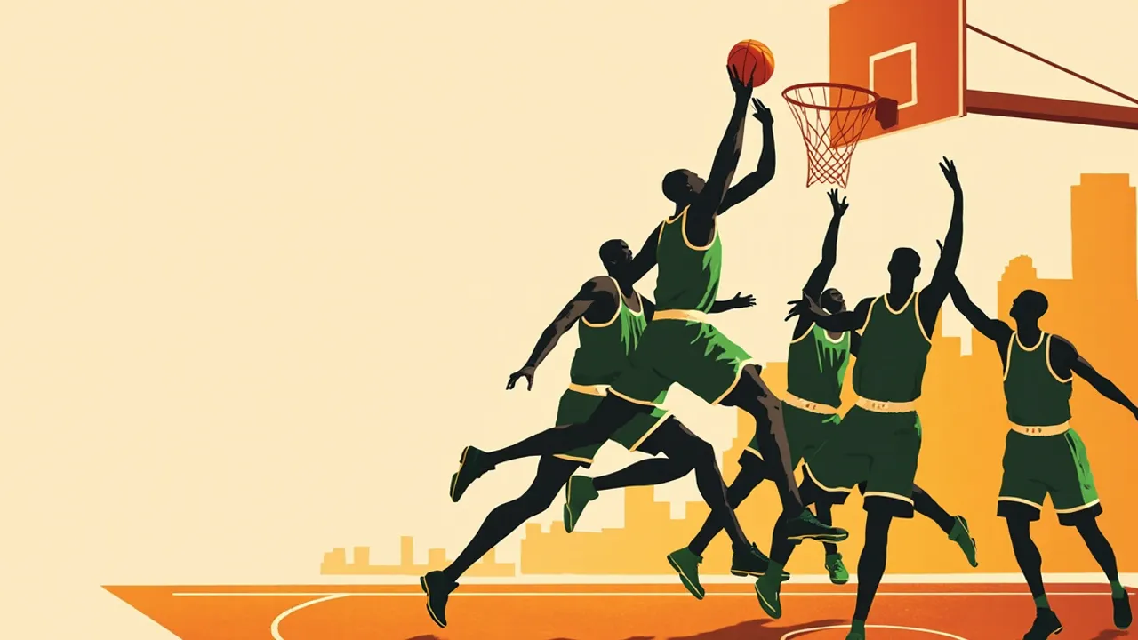 A tall centre finishes a one-handed dunk as three faceless players contest the ball on a basketball court.