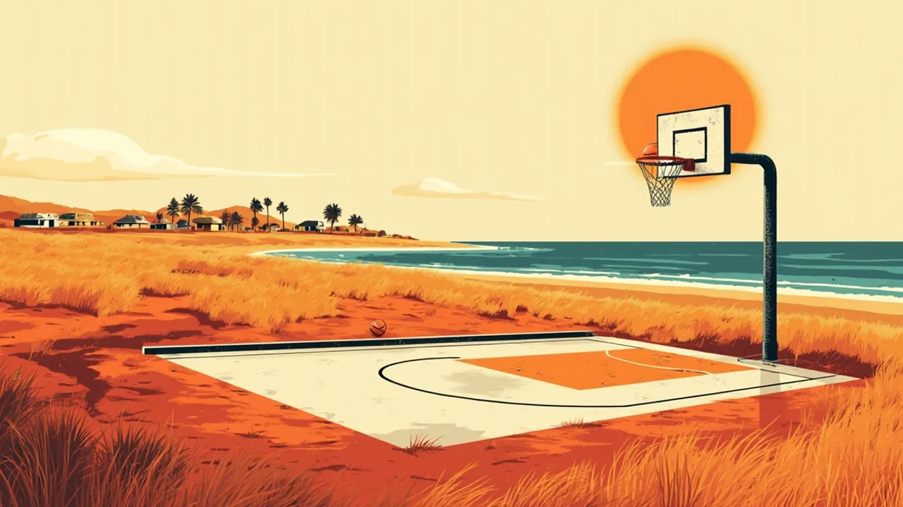 Côte stylisée d'Afrique de l'Ouest avec un terrain de basketball en plein air installé dans la savane, un ballon orange seul en arc vers le panier sous un soleil doré.