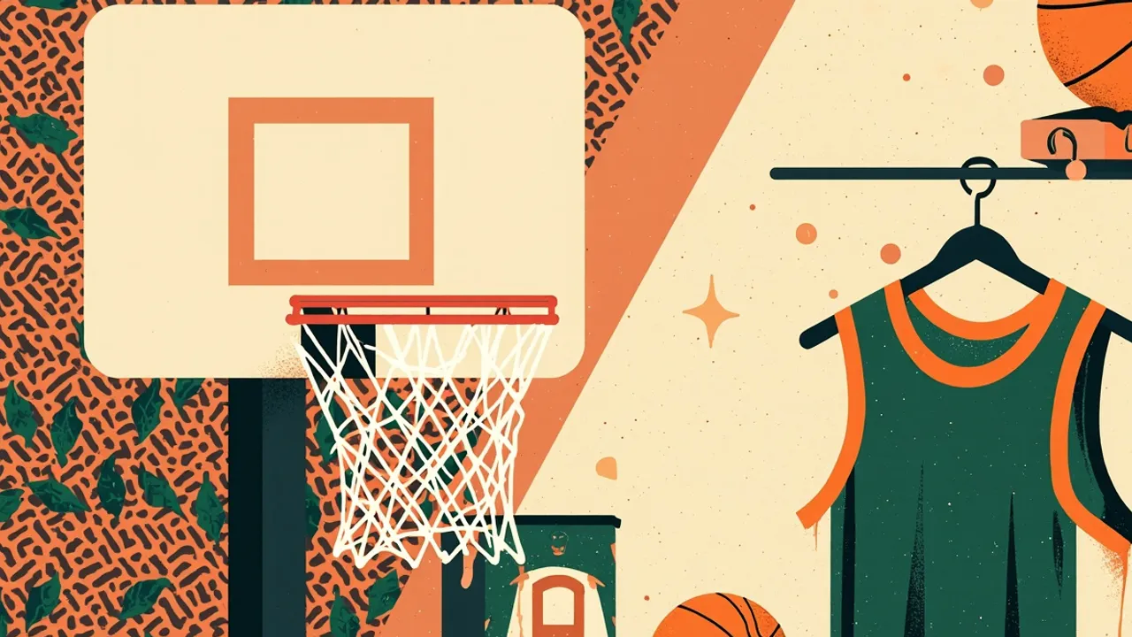 Un grand panier de basketball avec un cercle orange et un filet blanc se trouve à côté d'un maillot de jeunesse vert et blanc sur un cintre, avec une boîte de couleur cacao au premier plan, le tout posé sur un fond géométrique brun et vert.