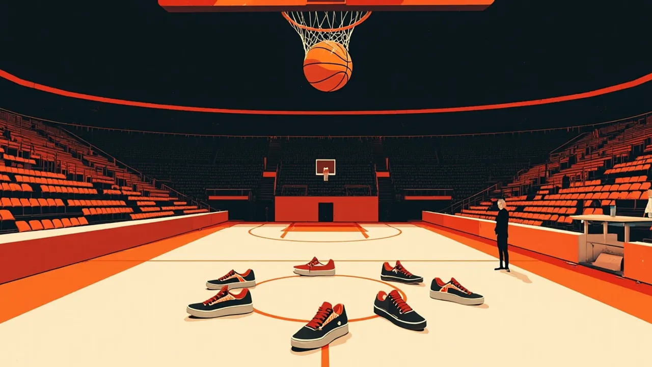An empty arena court beneath a hoop shows scattered shoes and one ball, suggesting a missing starting point guard.