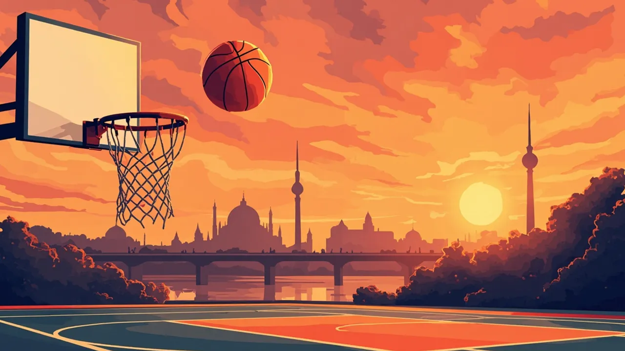 A flat stylised Berlin skyline at dawn with an outdoor basketball court in the foreground and a single ball mid-air above the hoop.