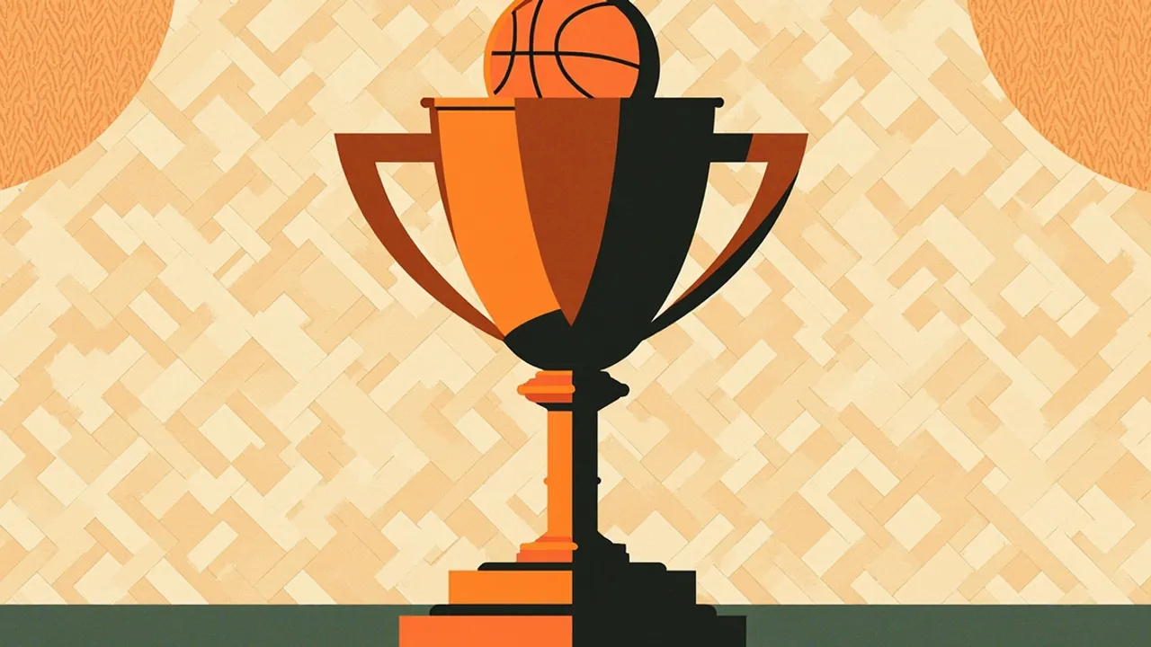 A faceless bronze trophy topped with a basketball stands on a pedestal against a warm, geometric patterned background, signifying a fifth title.
