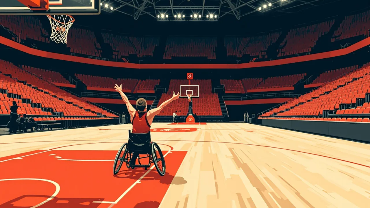 Vue en hauteur depuis l'arrière d'un panier surélevé à l'intérieur d'une salle de basket-ball en fauteuil roulant bondée, le terrain éclairé s'étendant vers l'avant avec un seul ballon posé près de la ligne de lancer franc et des silhouettes enthousiastes qui remplissent les gradins