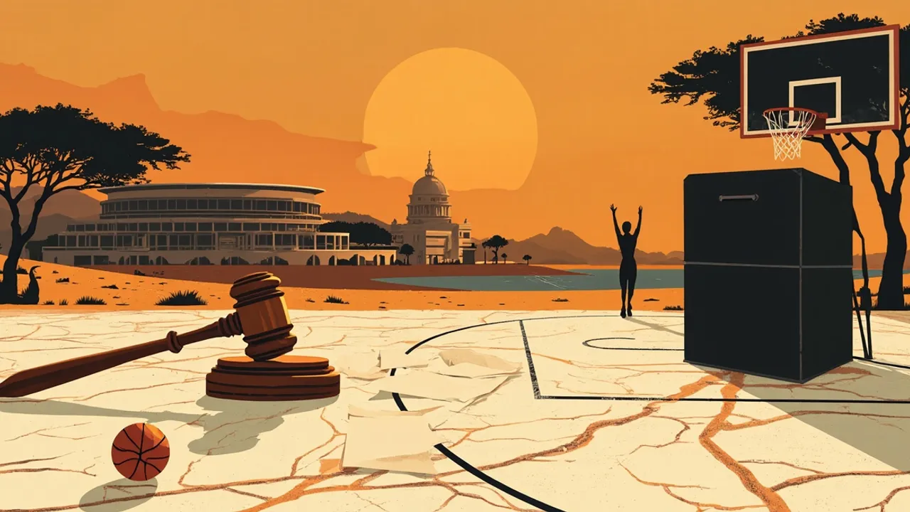 Un paysage crépusculaire de savane avec un marteau de juge sur une table de marque, une urne débordant de bulletins de vote et un isoloir verrouillé à côté d'un panier de basketball.
