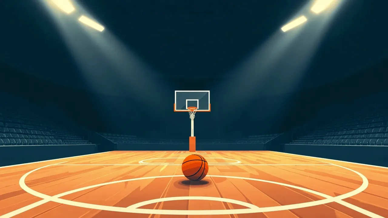 Un court de basketball intérieur faiblement éclairé, avec les lumières éteintes au-dessus du terrain, un ballon orange au centre sous un faible éclairage de secours.