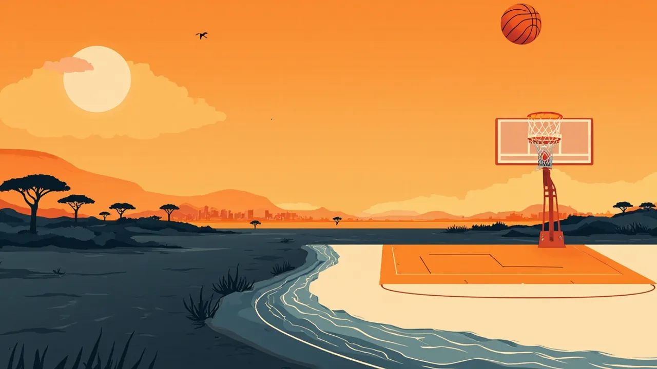 A stylized African coastal-skyline landscape at golden hour, with a basketball court in the foreground and a single ball suspended above the hoop, plus a gavel on the scorer's table.