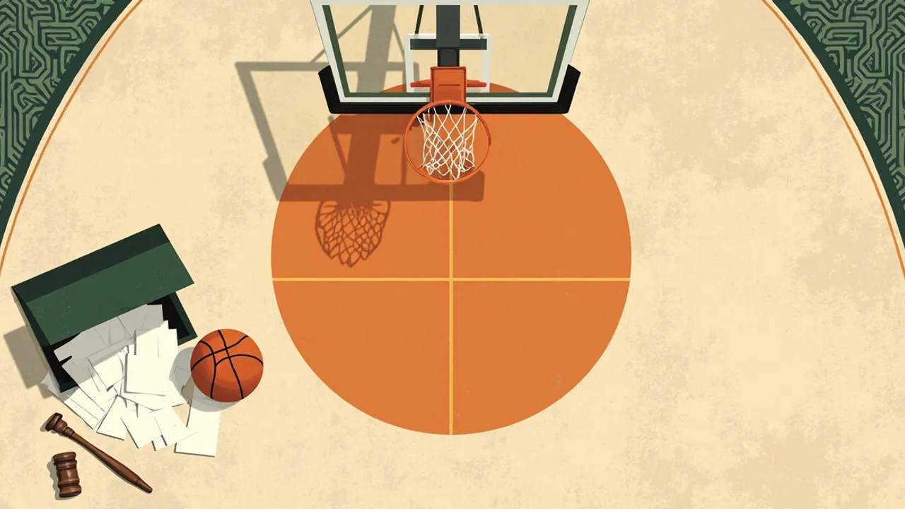An empty basketball court with a gavel on the scorer's table, an overturned ballot box spilling blank slips, and one ball on the hardwood, framed by a green and white geometric pattern.