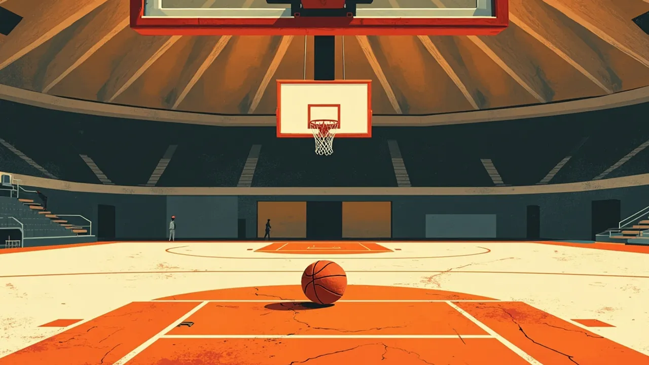 An empty, cracked basketball court with a deflated ball under a sagging hoop and two faceless figures on distant benches, illustrating the decline of a national basketball scene.
