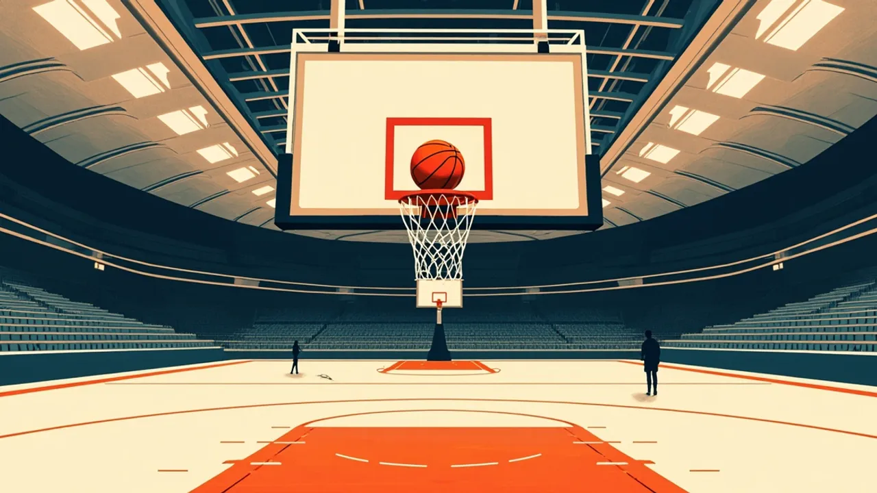 Vue d’une arène intérieure depuis l’arrière du panier, avec un ballon de basket près du cercle, un parquet brillant s’étendant vers des sièges bleus éloignés et deux minuscules silhouettes.