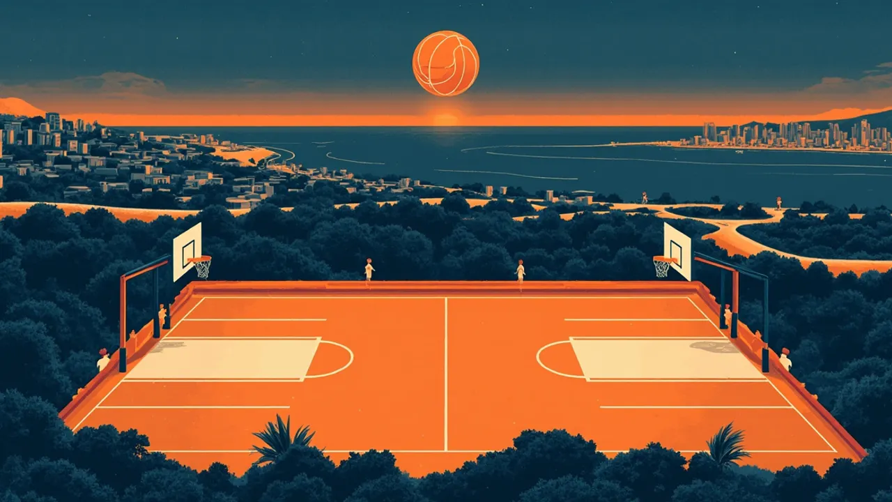 Vue aérienne stylisée d’une ville côtière d’Afrique de l’Ouest au crépuscule, avec un terrain de basketball lumineux en son centre entouré de quatre paniers et d’un ballon en plein envol.