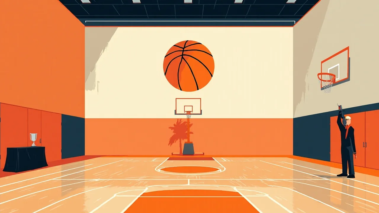 An indoor basketball practice facility with court lines, a basketball mural, and a faceless silhouette beside a scorer's table holding a silver trophy.