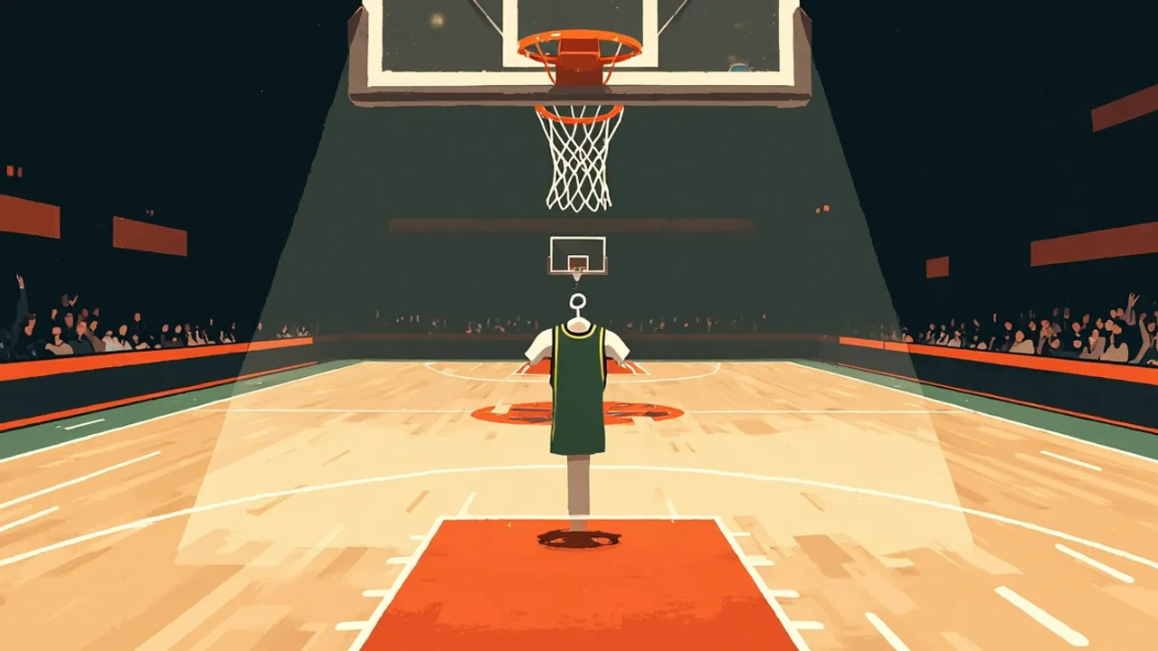 Vue en contre-plongée depuis dessous un panier de basketball sur le terrain d'une salle, avec la silhouette d'un jeune joueur à côté d'un maillot neuf suspendu aux couleurs vert et blanc.