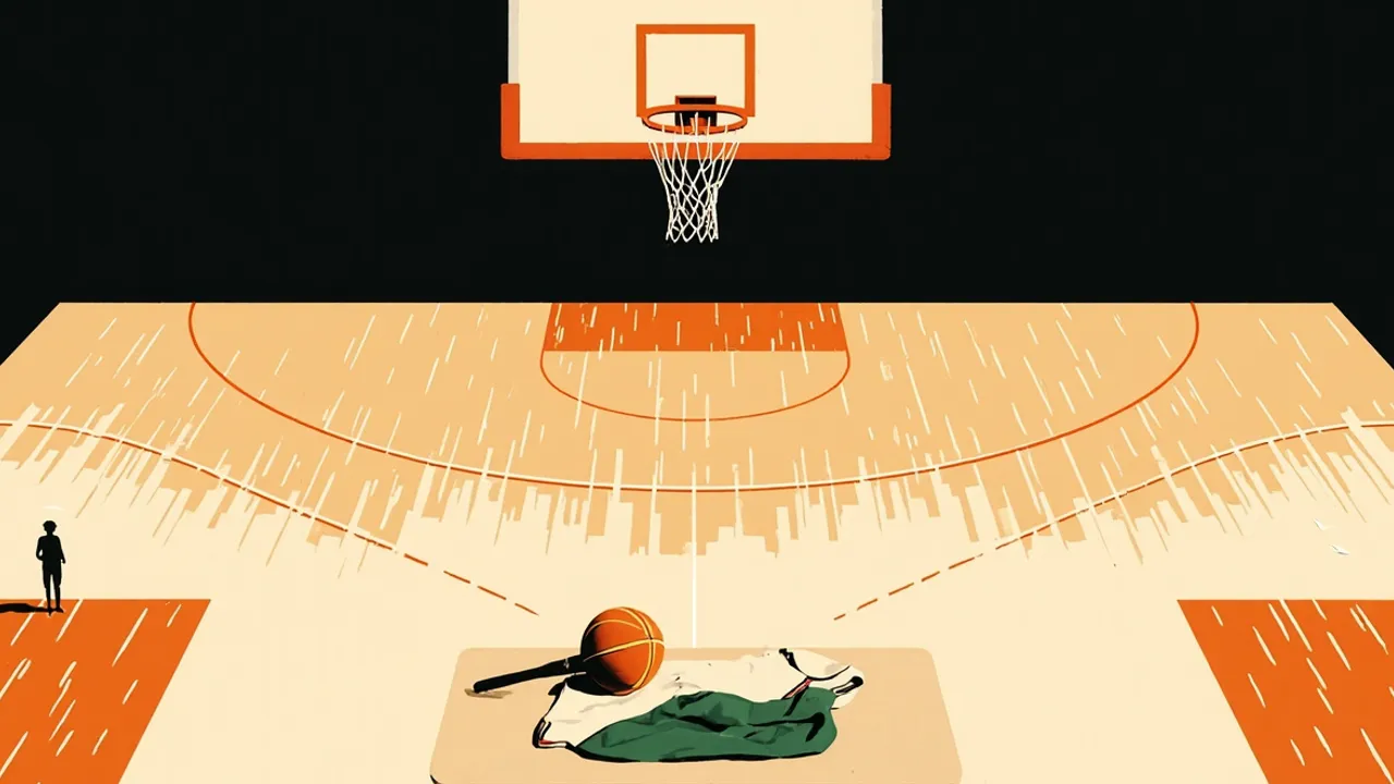 Empty basketball court seen from above the hoop, a gavel on the scorer's table beside a folded green-and-white jersey, one silhouette at the free-throw line.