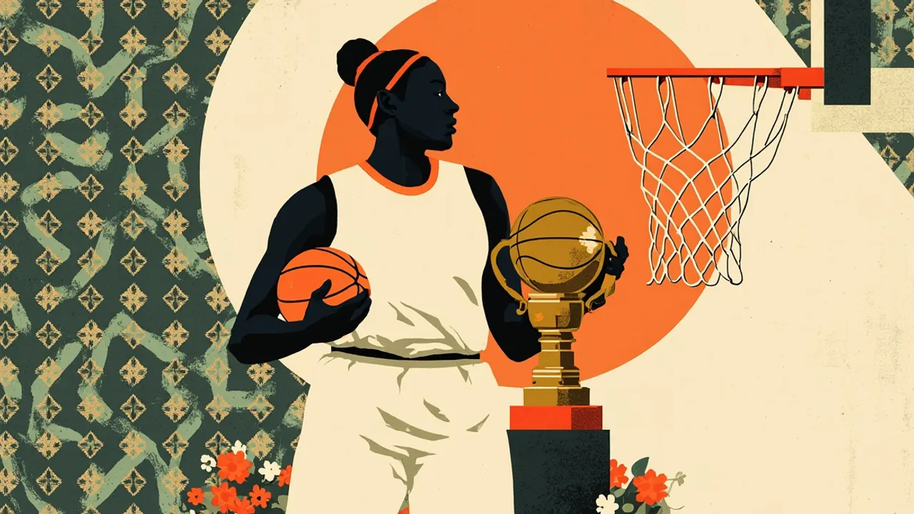 A faceless silhouette holds a basketball next to a polished trophy on a pedestal beside a hoop and net, with a bouquet at the base, against a green, white and black patterned background.
