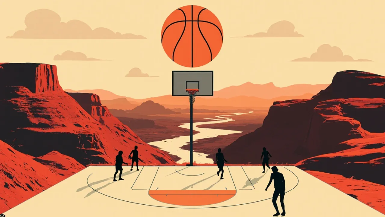 Paysage désertique au crépuscule avec un demi-terrain et des défenseurs sans visage, un ballon de basket s'élevant au-dessus d'un panier isolé sur un promontoire rocheux.