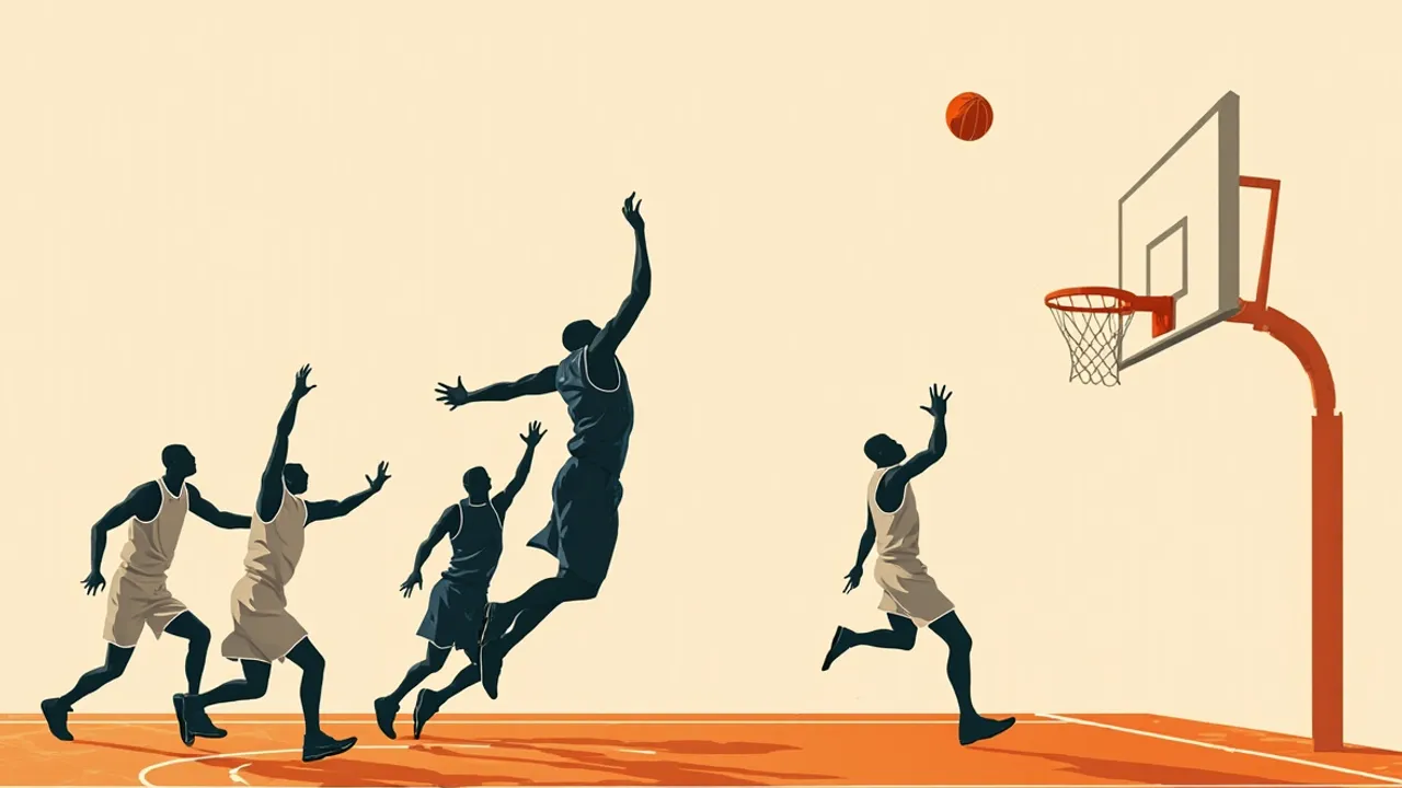 Four faceless silhouettes on a basketball court as a player in dark releases a jump shot toward the rim, with defenders contesting.