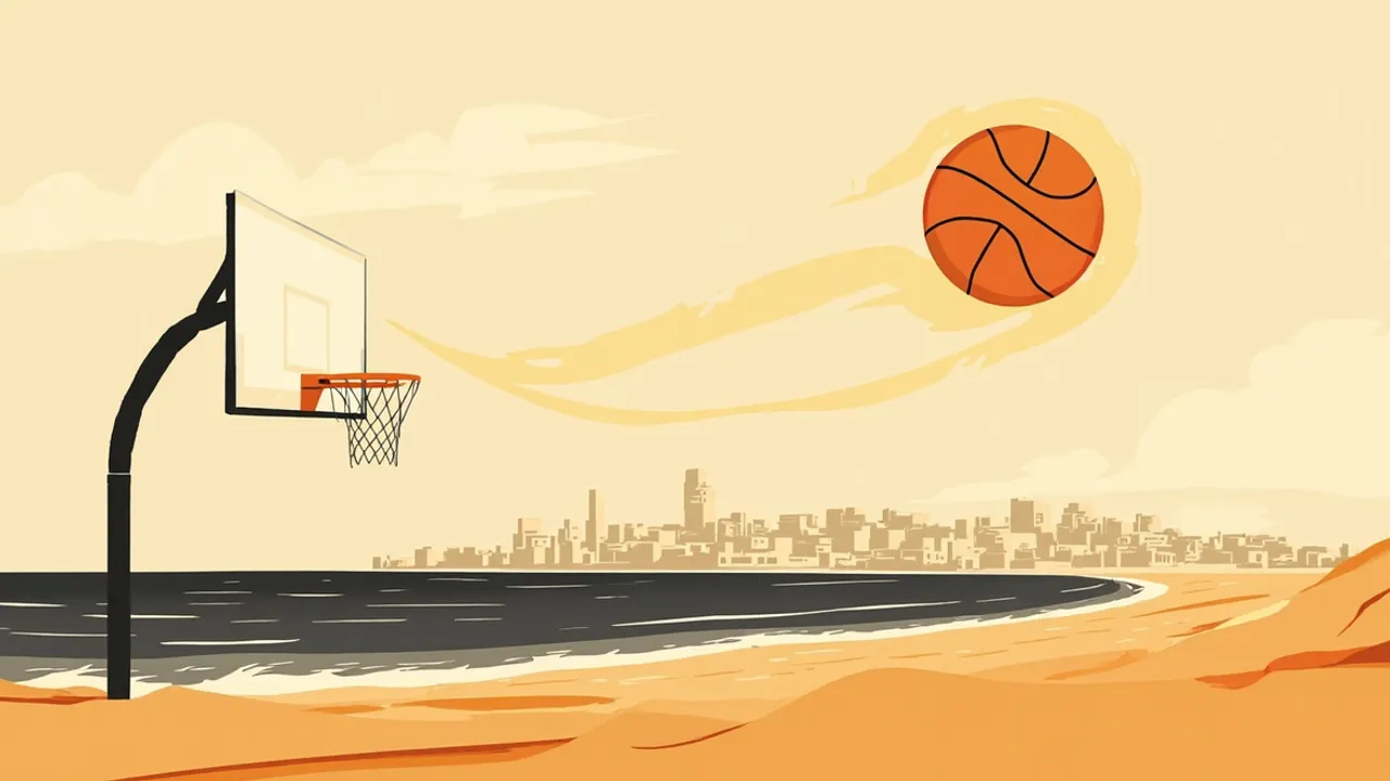 Stylised coastal North African landscape with pale cubic buildings along one Mediterranean shore, crowned by one giant basketball hoop and orange ball wey dey arc like sun.