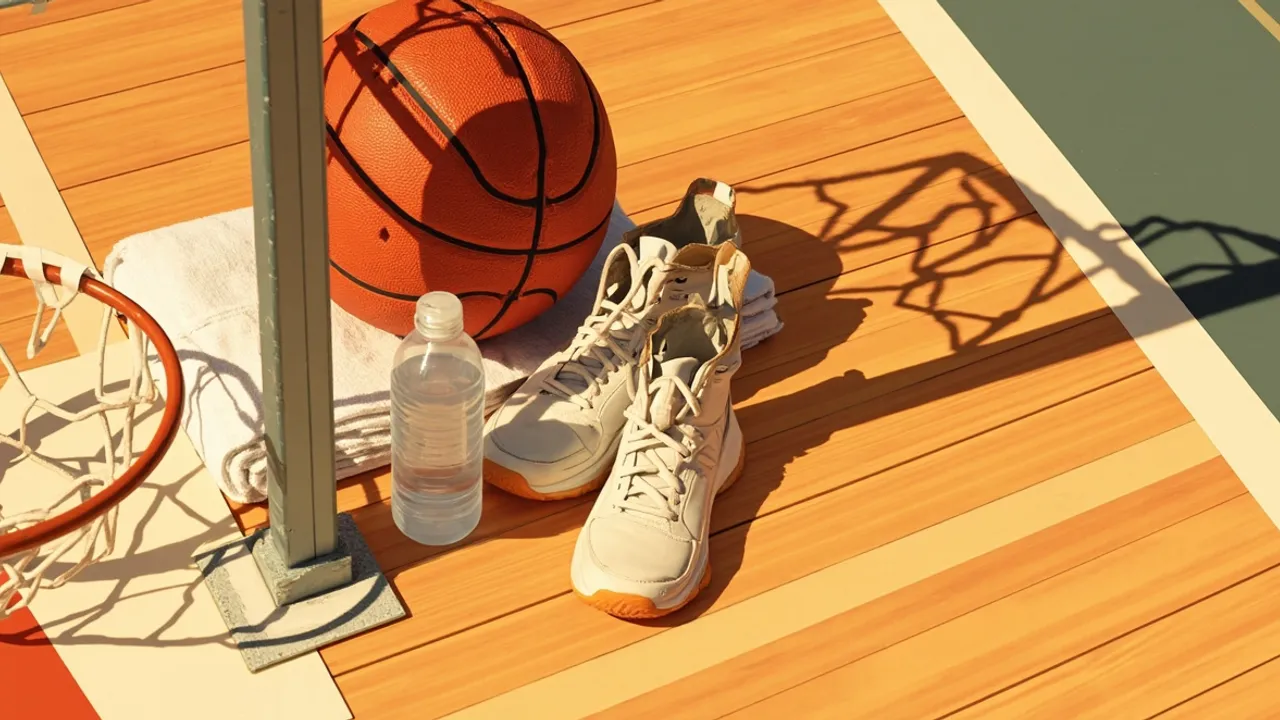 A still life on a basketball court: an orange ball by a netted hoop, a pair of sneakers, a folded white towel, and a water bottle on shiny hardwood.