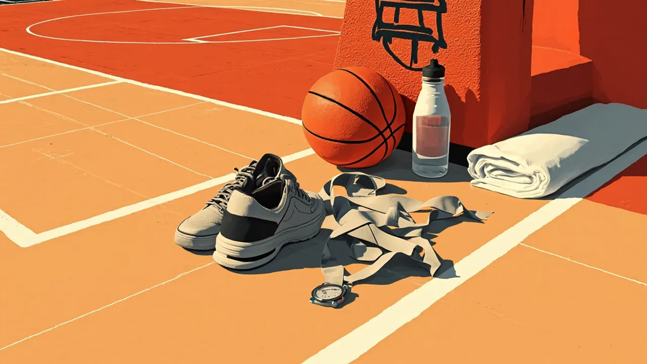 Still life on a hardwood floor: a basketball beside a folded towel, an unzipped kit bag with a jersey, a silver medal, and a water bottle.