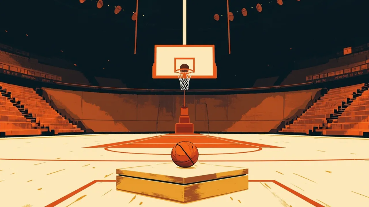 An empty indoor basketball arena viewed from behind a scorer's table, where a wooden gavel and a single orange basketball sit, symbolising a disputed federation election.