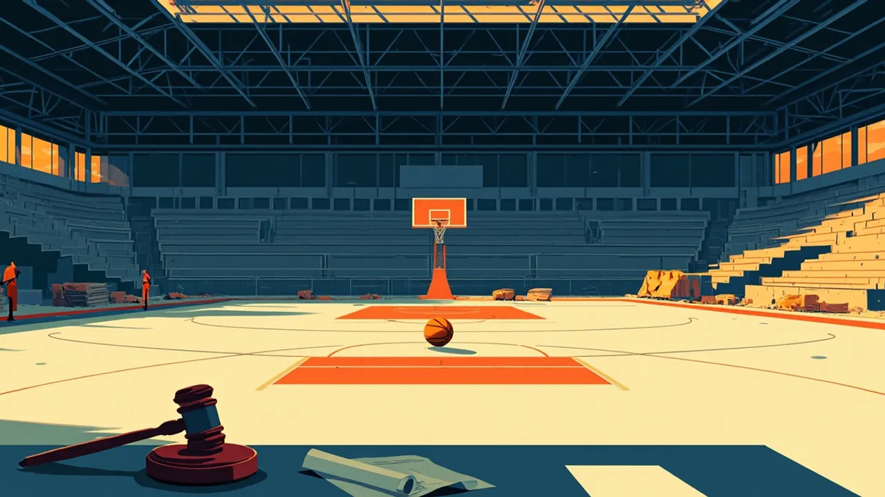 Half-built indoor arena wit one basketball for di centre court, scaffolding around, and gavel for di scorer's table, symbolising basketball federation election and rebuild.