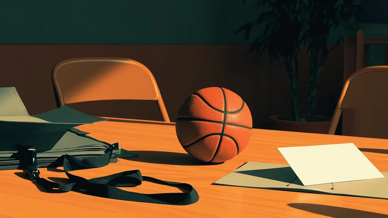Nature morte sur une table de presse : un ballon de basket, un microphone, un badge sur un cordon, un dossier fermé et des documents, avec une chaise vide à l'arrière-plan, évoquant une déclaration de candidature.