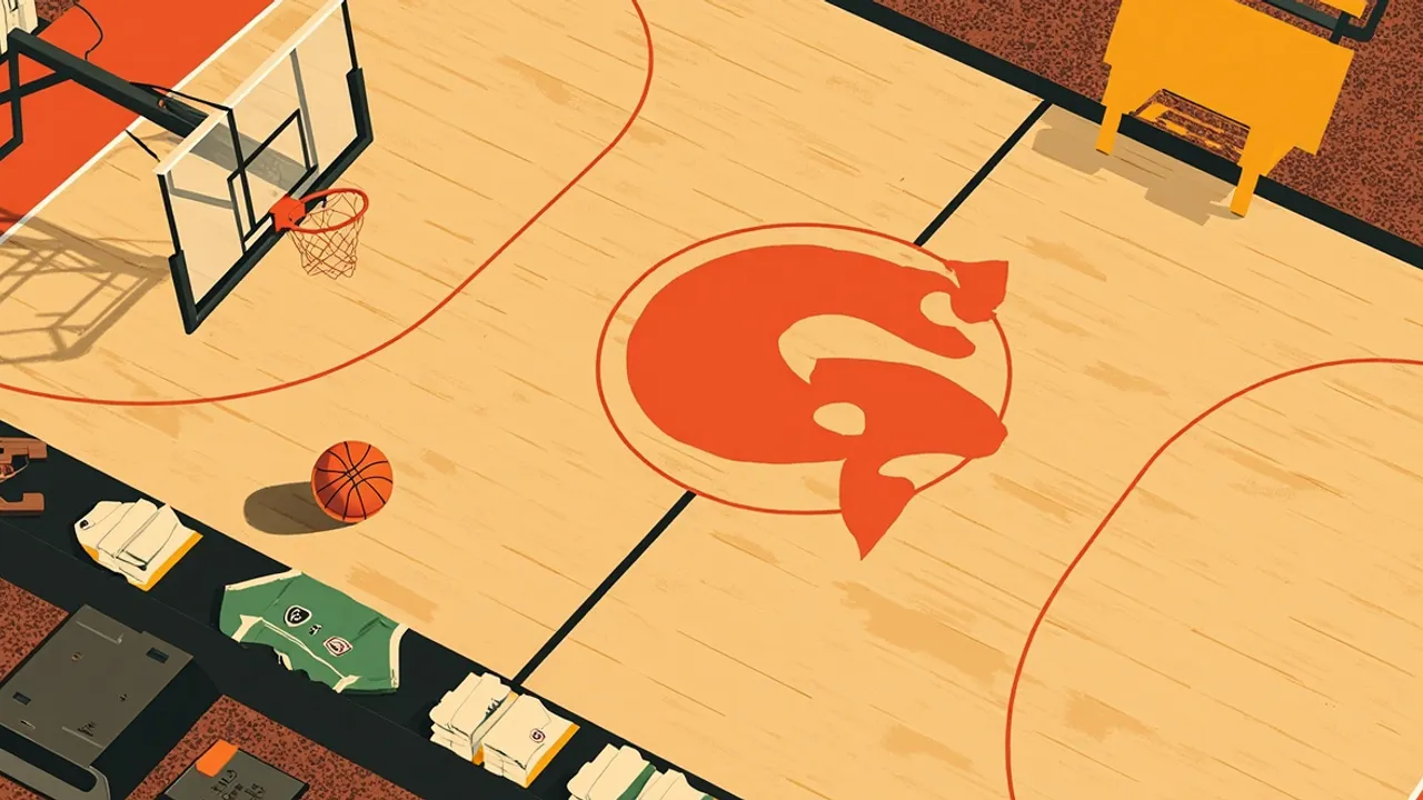 An empty basketball court with a single ball at centre, a gavel and folders on the scorer's table, and a jersey on a chair.