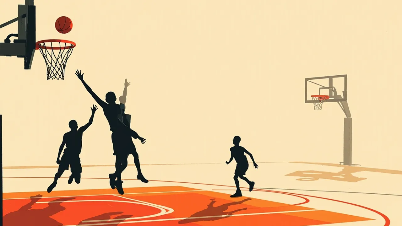 Viumbe viwili visivyo na uso vinachuru kushindana mpira kwenye kikapu katika uwanja, mchezaji wa tatu yuko nyuma karibu na mstari wa pointi tatu, ukishika wakati wa mwisho muhimu.