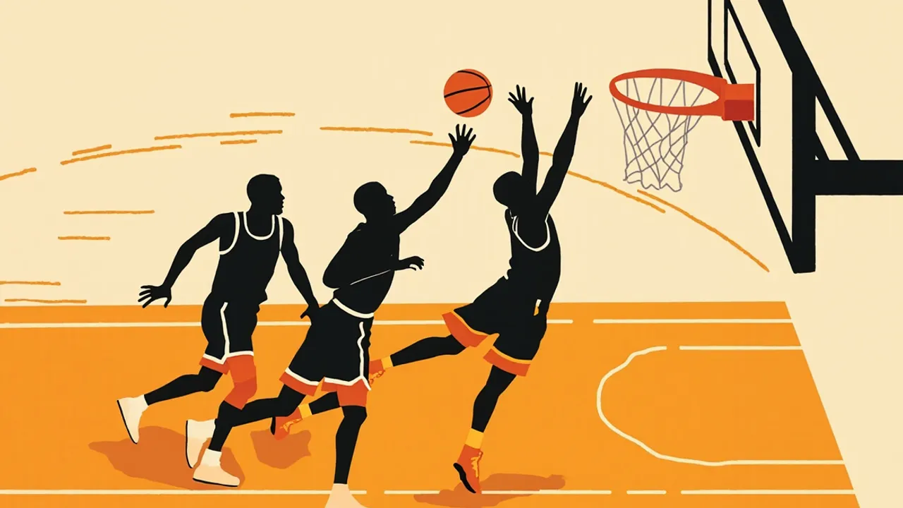 A contested late-game shot unfolds beneath the basket as players battle on the visible court.