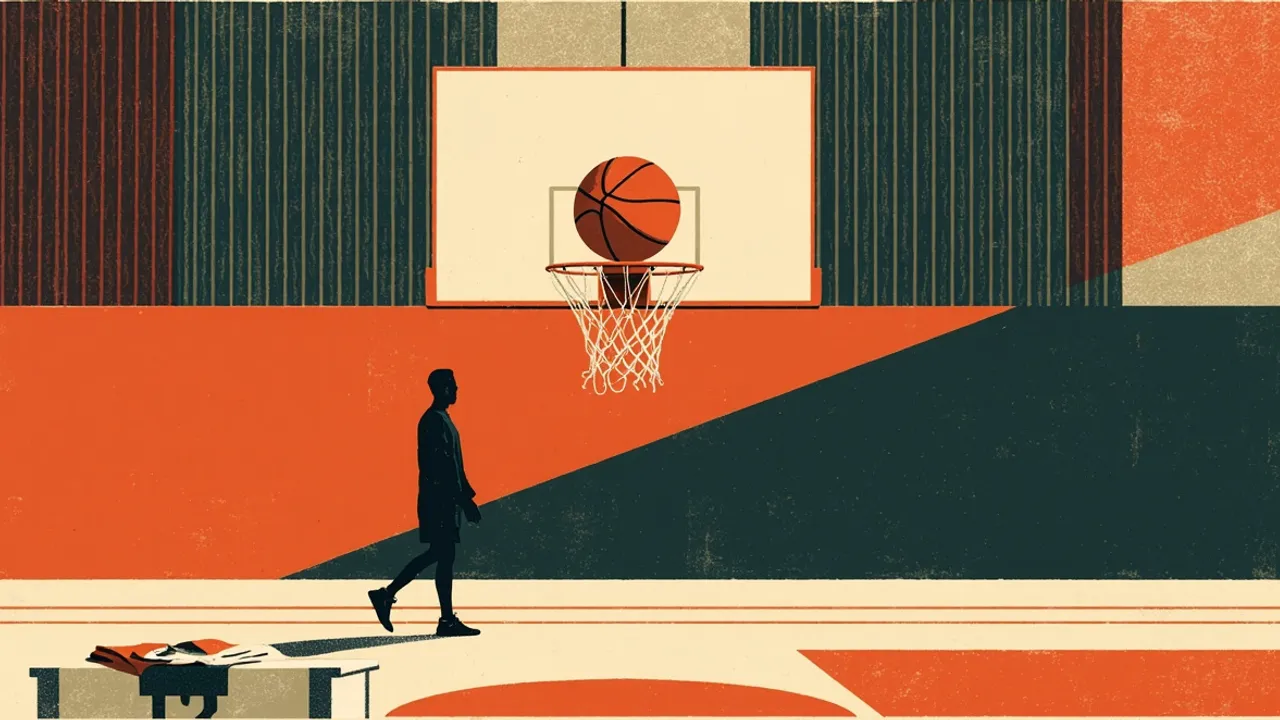 Un ballon de basket tombe à travers un panier tandis qu'une silhouette sans visage s'éloigne sur un terrain vide, avec un maillot plié posé sur la table des marqueurs.