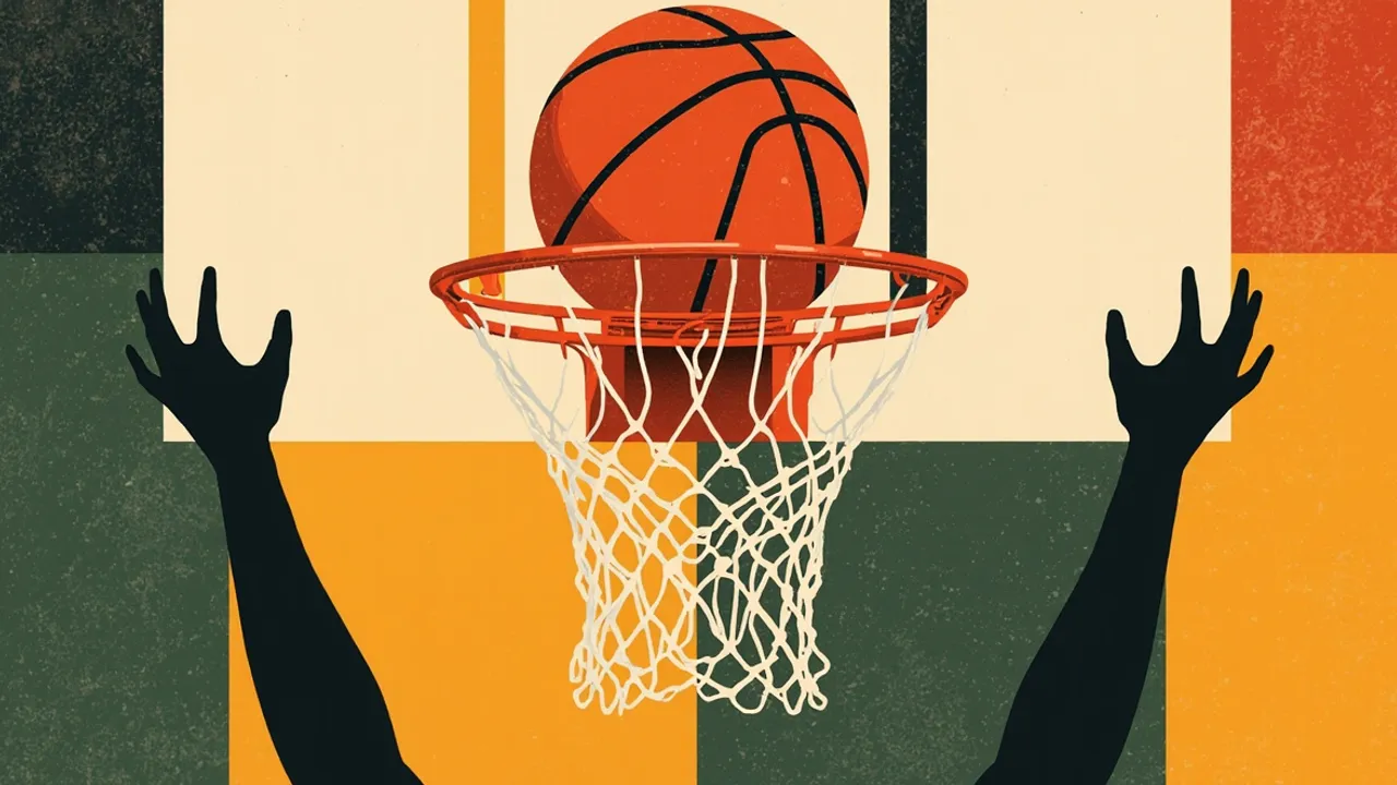 A basketball drops through a hoop and taut net, framed by two faceless silhouettes with raised arms, against a colorful African geometric pattern.