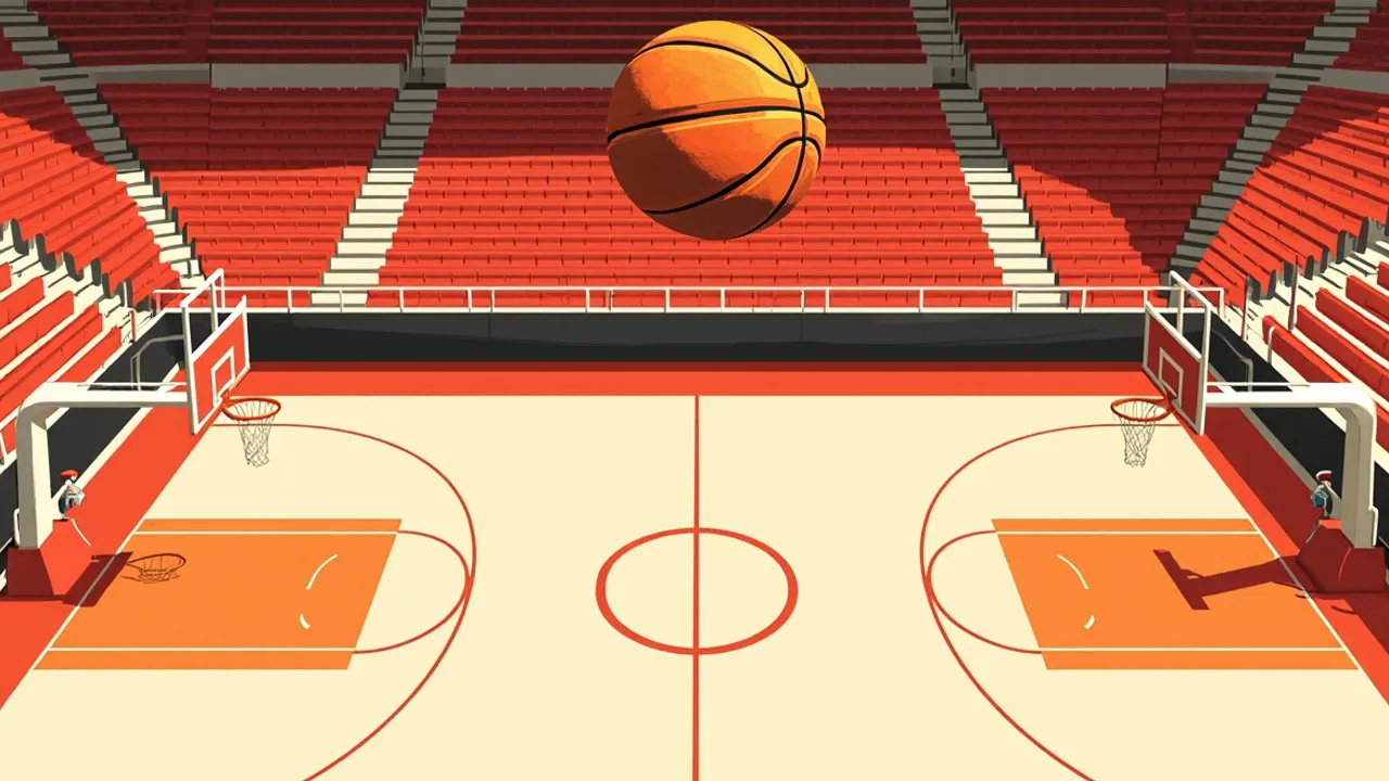 Une vue aérienne d'une salle de basket-ball comble, avec un ballon au-dessus du cercle central et un panier ancré sur le terrain.