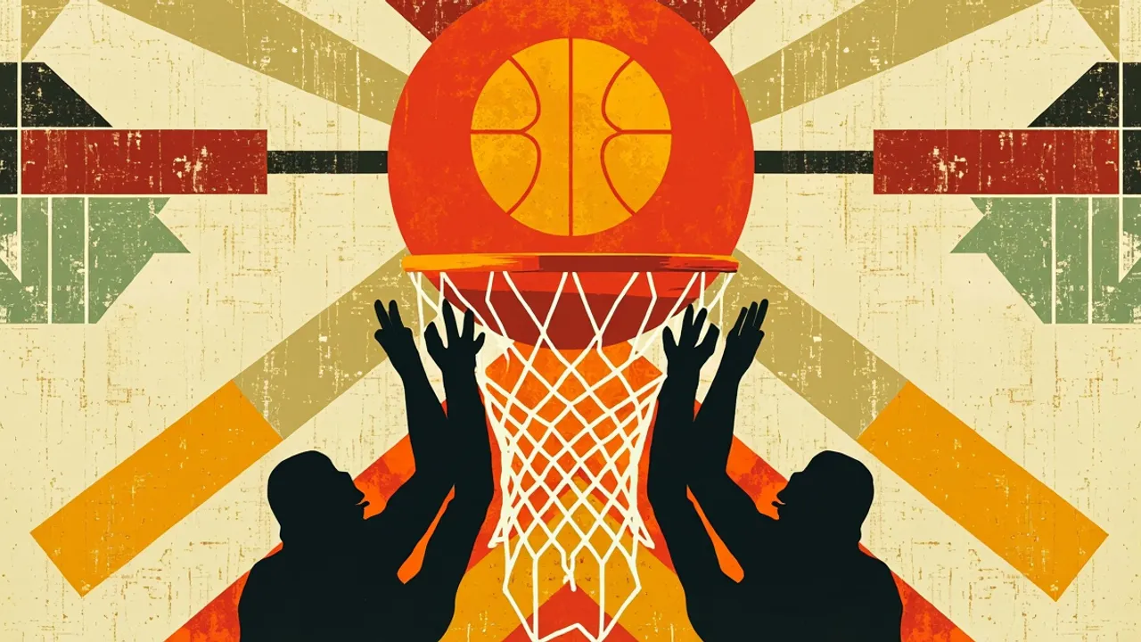 A geometric trophy rises through a basketball hoop as faceless players celebrate against a colorful patterned background.