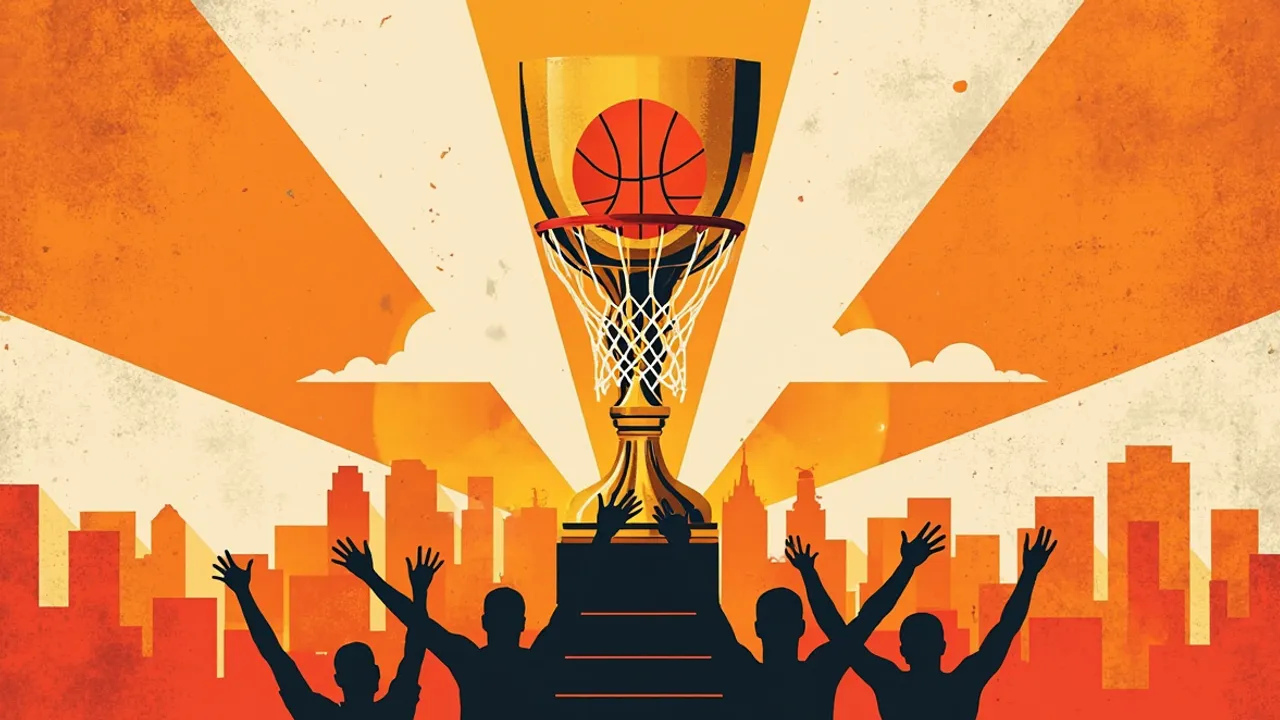 A golden basketball trophy dominates the frame as faceless players celebrate beneath a ball dropping through the hoop.