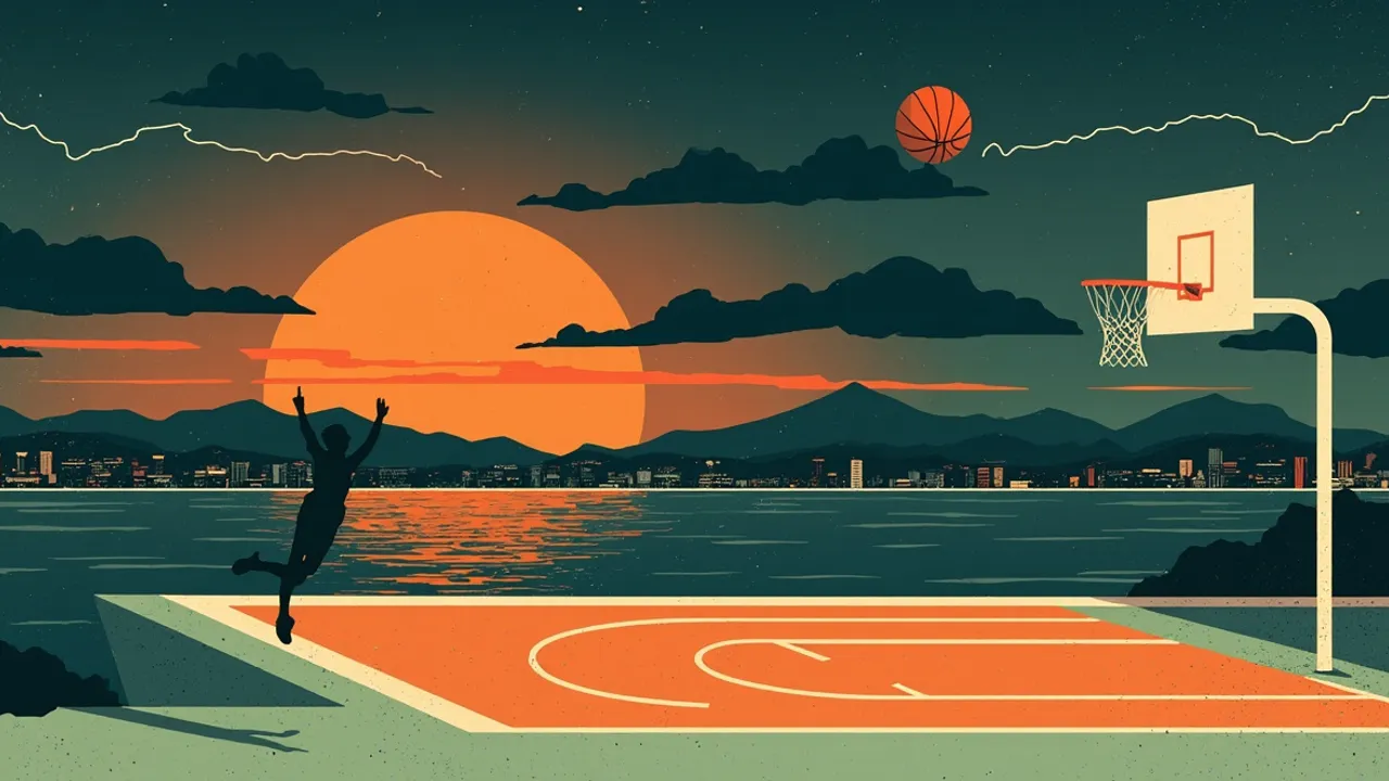 Paysage stylisé au crépuscule d'une ville au bord d'un fleuve, avec un demi-terrain de basket éclairé près de l'eau et un ballon s'élevant au-dessus du panier comme un soleil.