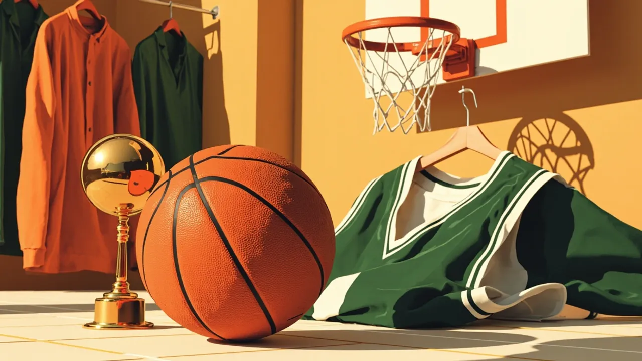A still life on polished hardwood: a worn orange basketball beside a tilted gold MVP trophy, a green-and-white jersey on a hanger, a folded jacket, and a hoop with cut net above.