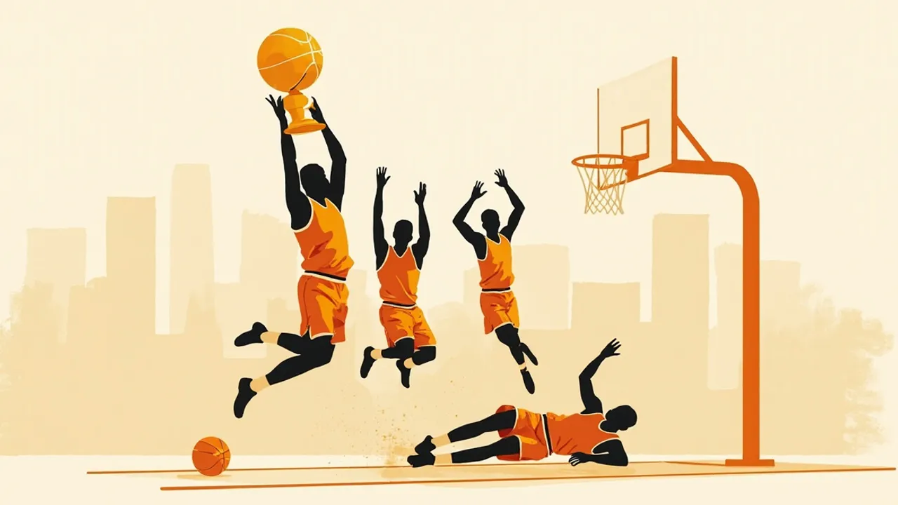 Four faceless players celebrate a basketball championship on court, one lifting a trophy, a single ball bouncing nearby beneath a hanging net.