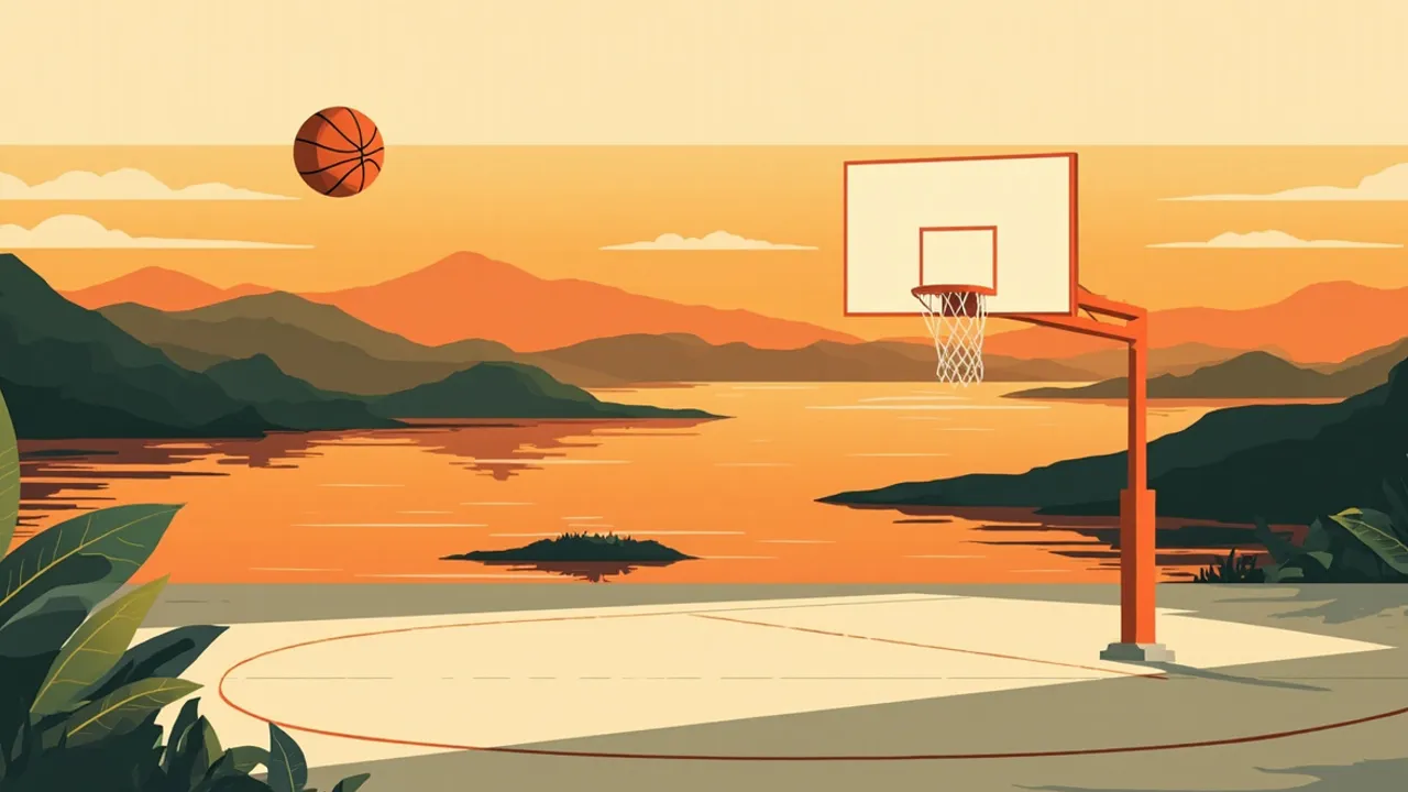 Un demi-terrain de basketball plat sur la rive d'un large delta fluvial tropical, un ballon de basket suspendu au-dessus du panier comme un soleil à l'heure dorée.