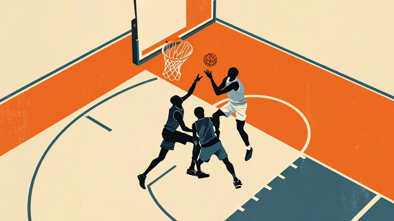 Two faceless player silhouettes for basketball court, one dey drive go lay di ball under di hoop for di championship-winning basket.