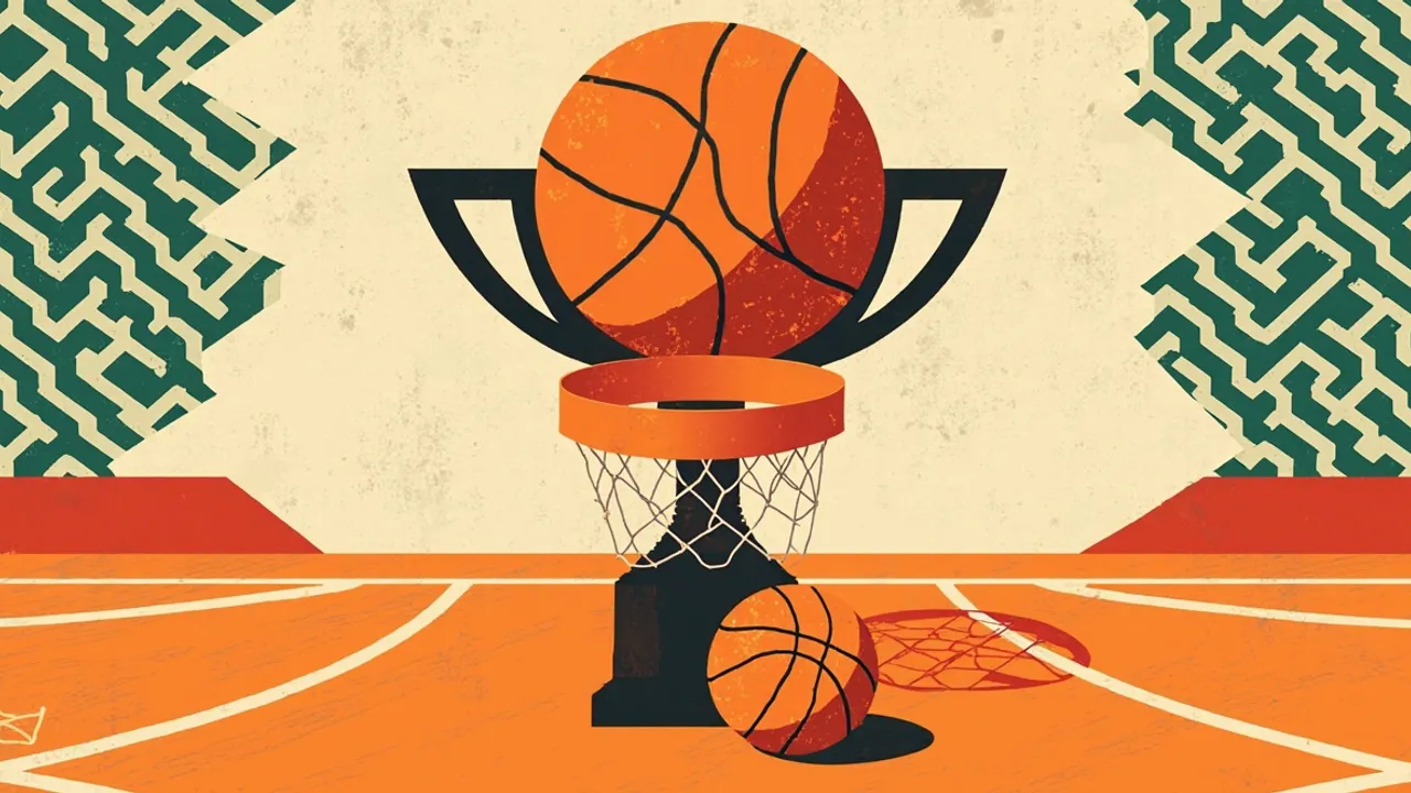 Un grand trophée surmonté d'un ballon de basket traversant un panier et son filet est posé au centre d'un parquet en bois devant un fond à motifs verts et blancs.
