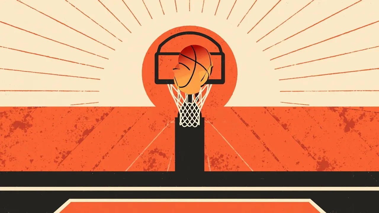 Un panier de basket stylisé avec un ballon au-dessus de l'arceau, encadré par des rayons à motifs, des lignes de terrain et des silhouettes de baskets.