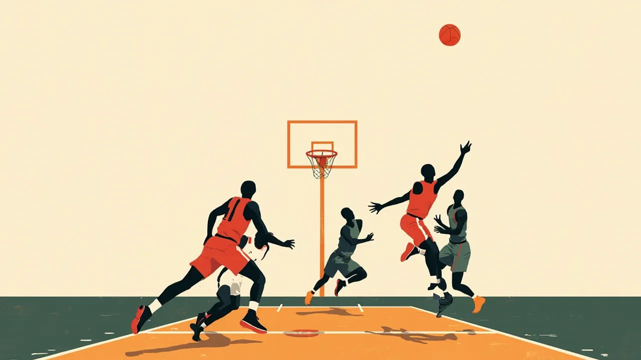 A flat illustration of a basketball game moment: four faceless players contest a shot at the rim on a marked indoor court.