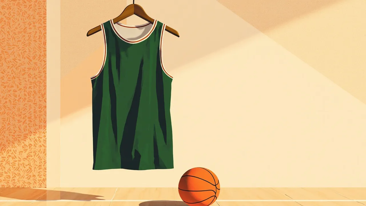 Un maillot de basket vierge vert et blanc sur un cintre devant un motif géométrique aux teintes désertiques, avec un ballon de basket en dessous, symbolisant la signature d'un joueur avec un nouveau club.