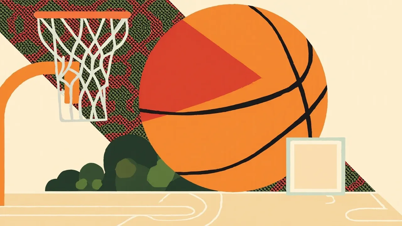 A stylized orange basketball with one half patterned in African textile colors sits in front of a hoop and net against a patterned teal background.
