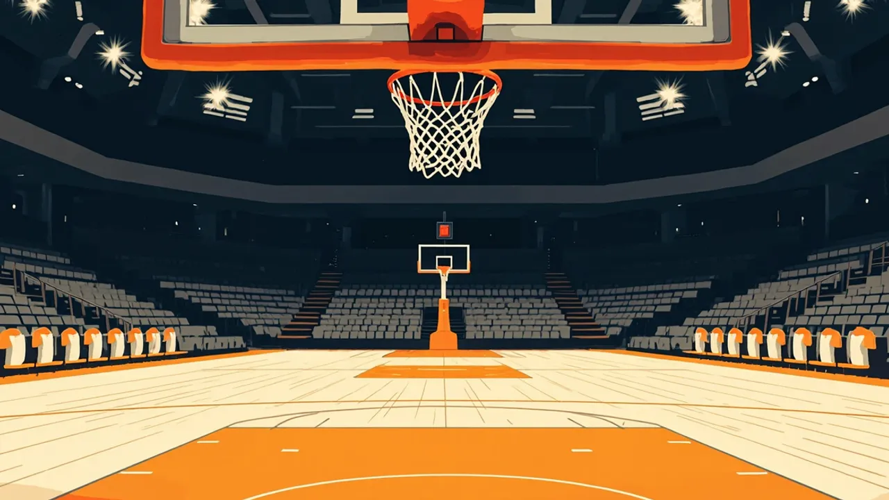 Vue en plongée d'une salle de basketball couverte comble avec un terrain parquet, deux paniers, un trophée central sur un piédestal et quatre silhouettes aux couleurs des équipes alignées.